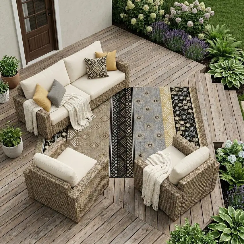 Black And Beige Striped Washable Indoor Outdoor Area Rug Photo 1