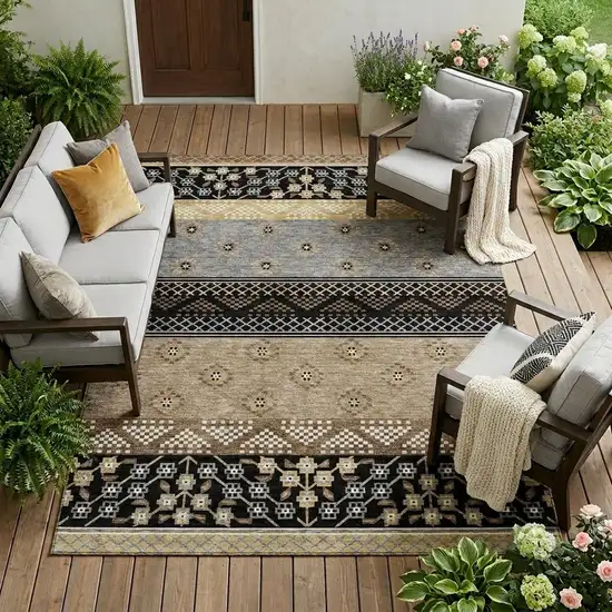 Black And Beige Striped Washable Indoor Outdoor Area Rug Photo 1