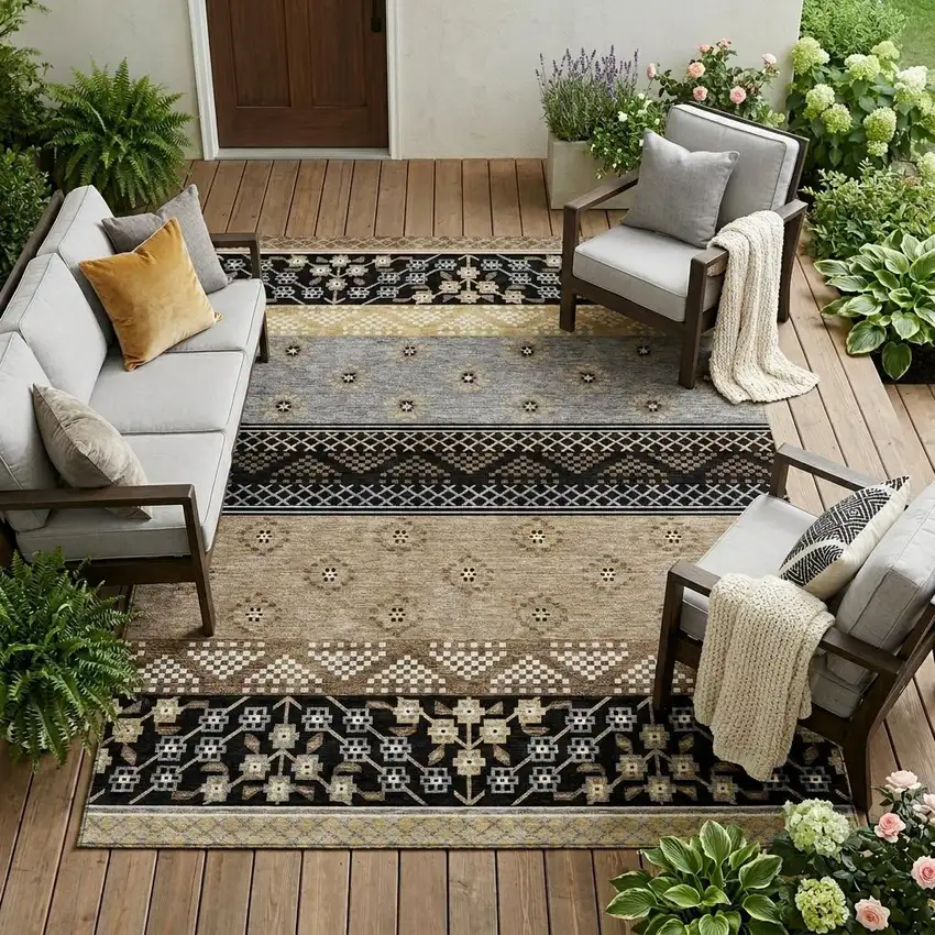 Black And Beige Striped Washable Indoor Outdoor Area Rug Photo 1