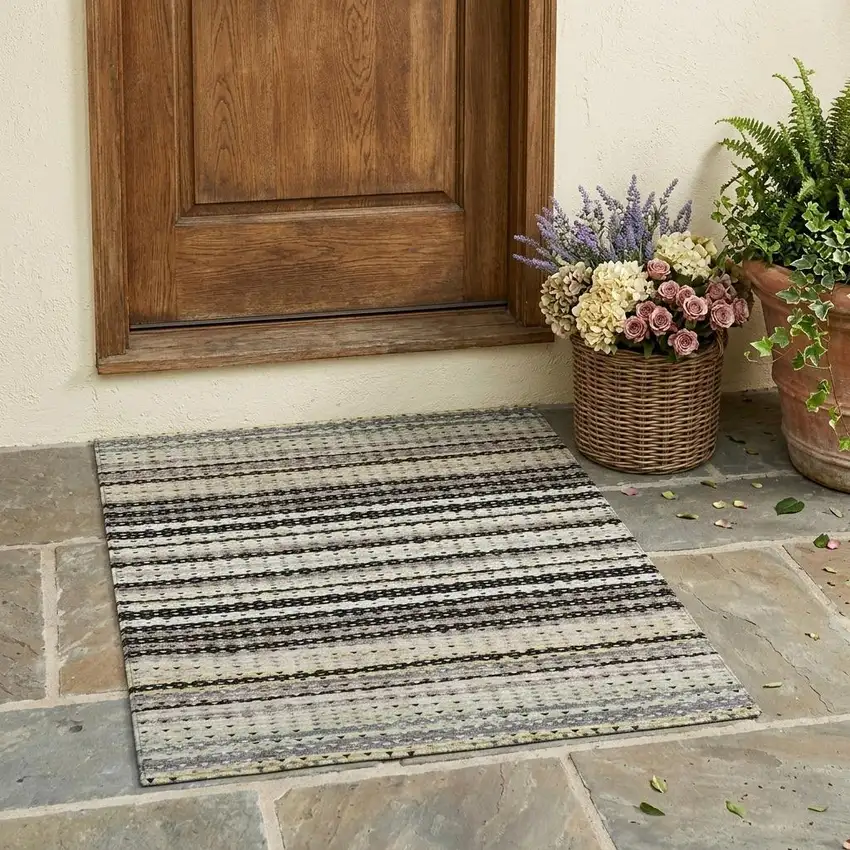 Black And Beige Striped Washable Indoor Outdoor Area Rug Photo 1