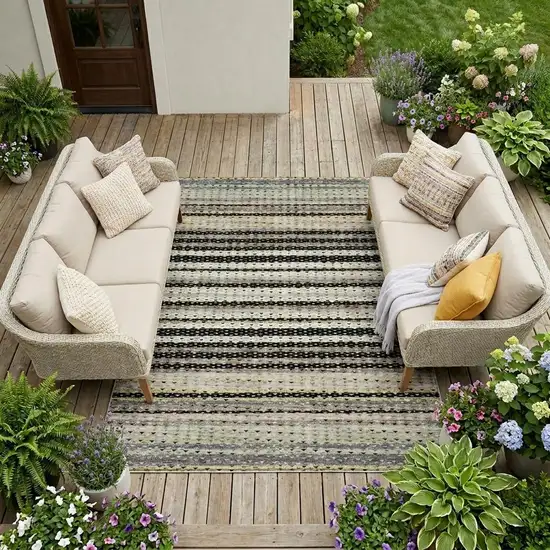 Black And Beige Striped Washable Indoor Outdoor Area Rug Photo 1