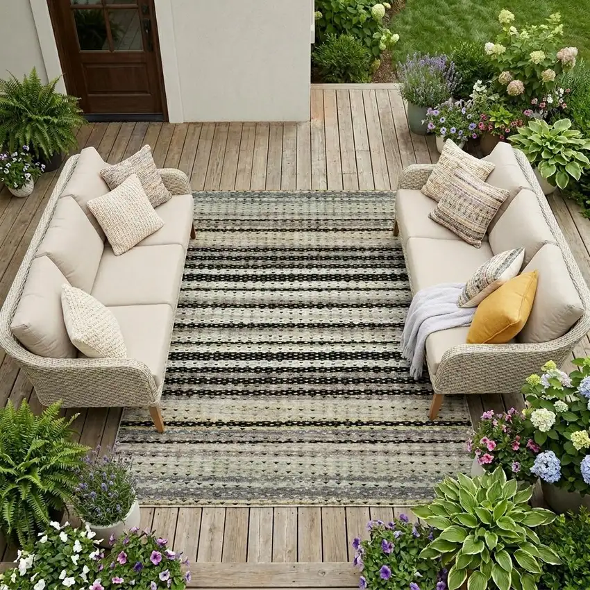 Black And Beige Striped Washable Indoor Outdoor Area Rug Photo 1