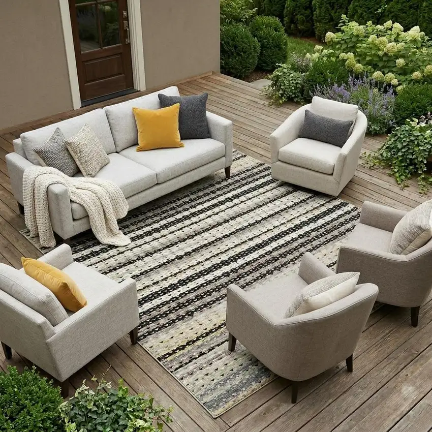 Black And Beige Striped Washable Indoor Outdoor Area Rug Photo 1