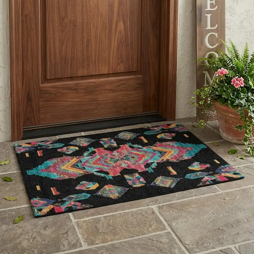 Black And Beige Tribal Washable Indoor Outdoor Area Rug Photo 1