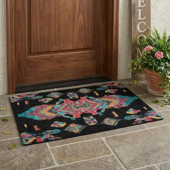 Black And Beige Tribal Washable Indoor Outdoor Area Rug Photo 1