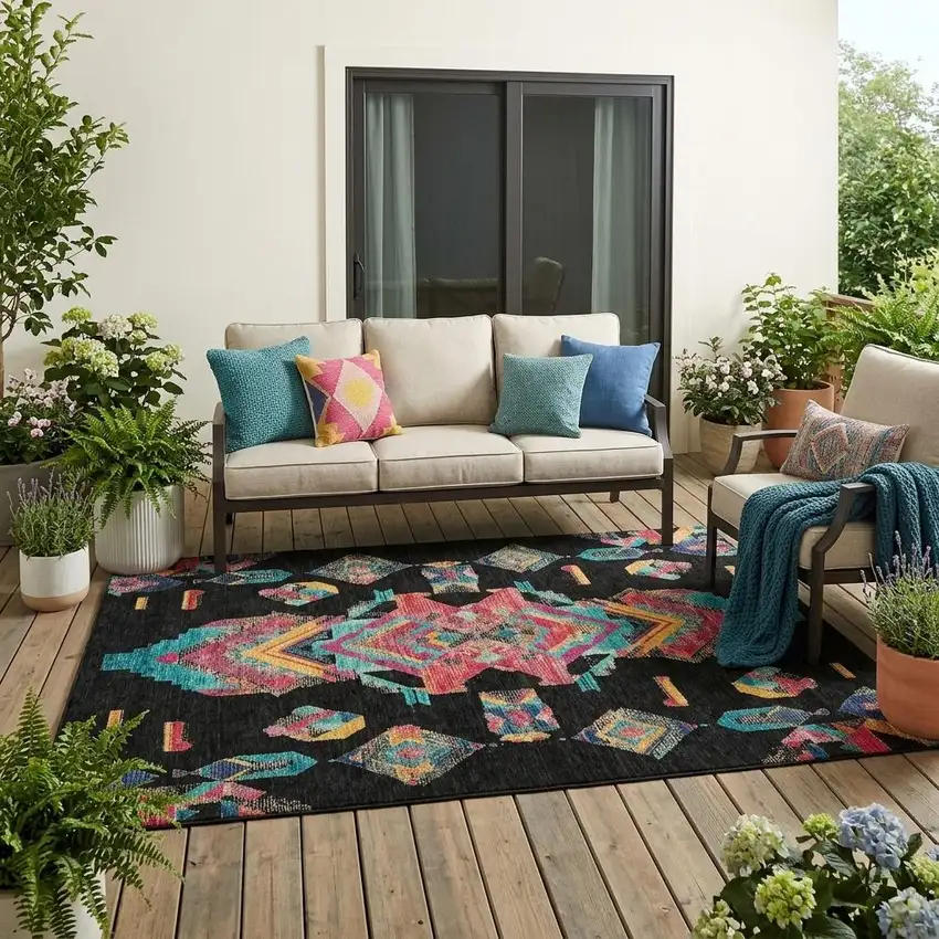 Black And Beige Tribal Washable Indoor Outdoor Area Rug Photo 1