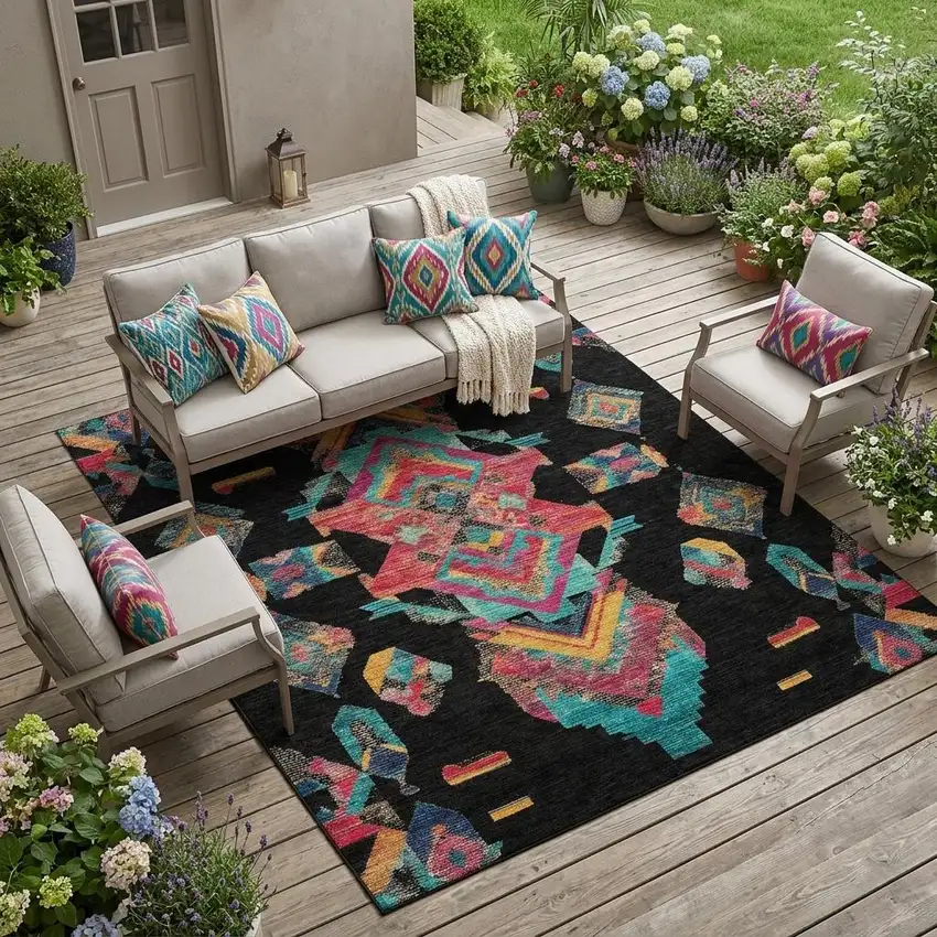 Black And Beige Tribal Washable Indoor Outdoor Area Rug Photo 1