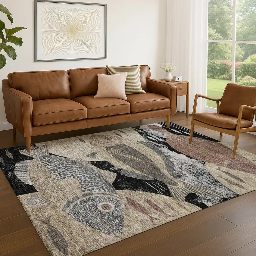 Black And Beige Tropical Fish Washable Indoor Outdoor Area Rug Photo 5