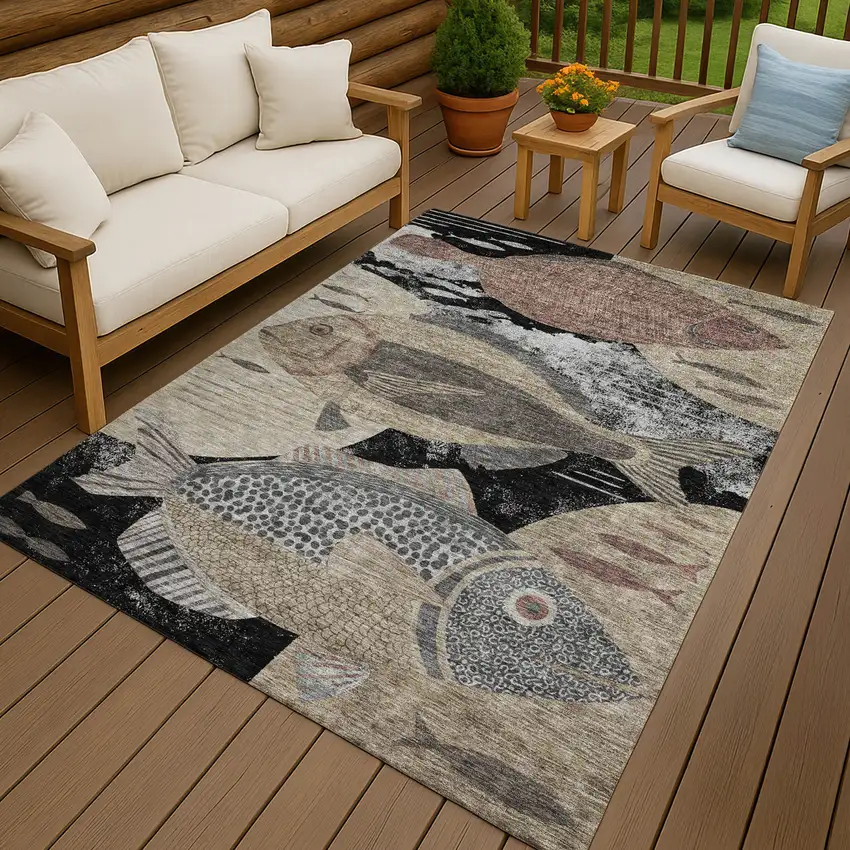 Black And Beige Tropical Fish Washable Indoor Outdoor Area Rug Photo 4