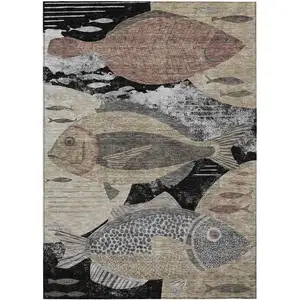 Photo of Black And Beige Tropical Fish Washable Indoor Outdoor Area Rug