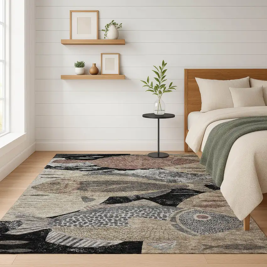 Black And Beige Tropical Fish Washable Indoor Outdoor Area Rug Photo 6