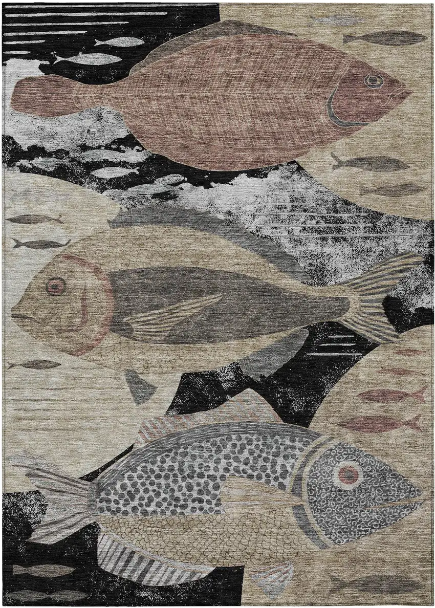 Black And Beige Tropical Fish Washable Indoor Outdoor Area Rug Photo 1