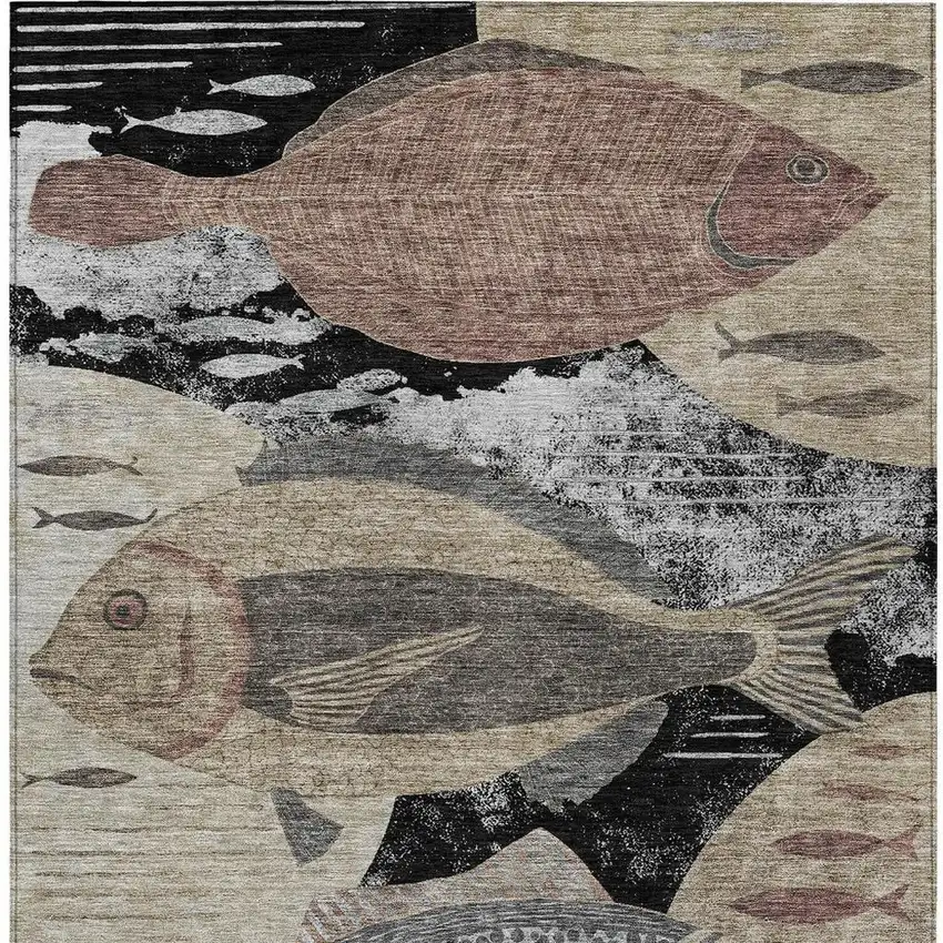 Black And Beige Tropical Fish Washable Indoor Outdoor Area Rug Photo 3