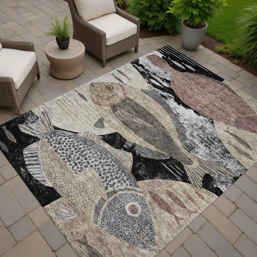 Black And Beige Tropical Fish Washable Indoor Outdoor Area Rug Photo 7