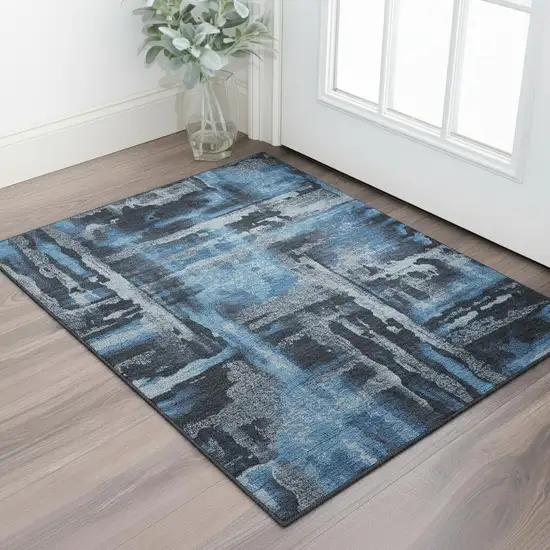 Black And Blue Abstract Washable Area Rug With UV Protection Photo 2