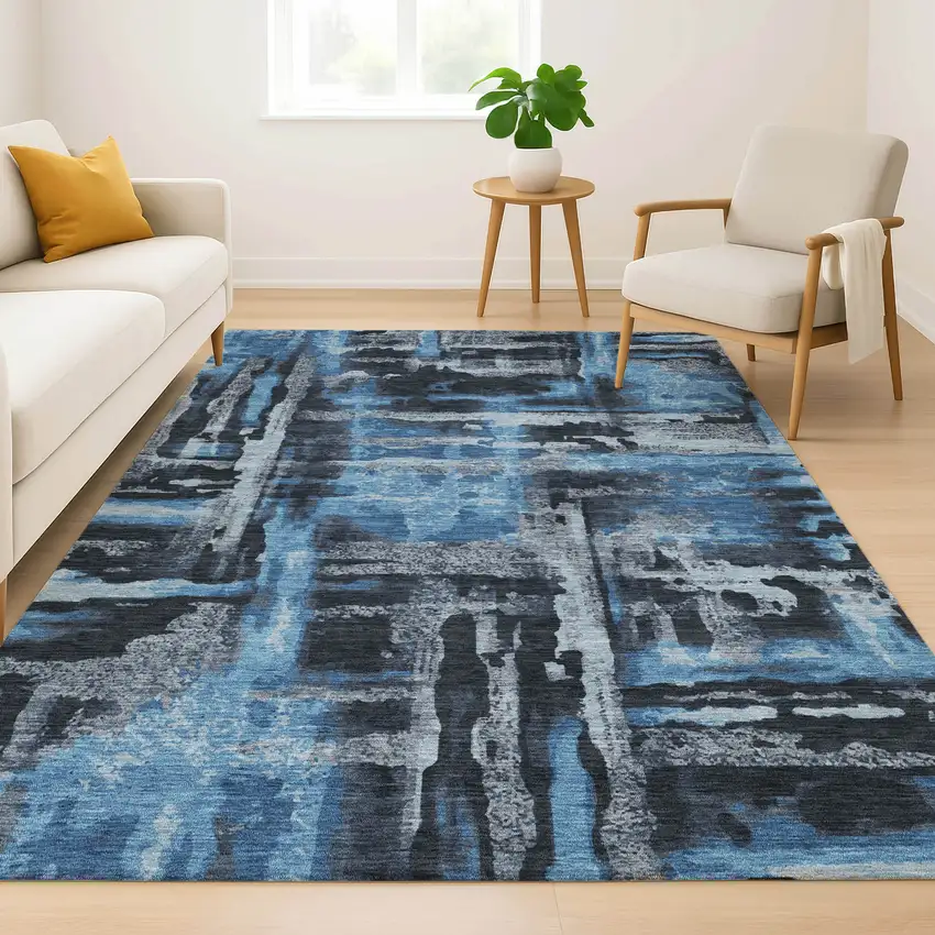 Black And Blue Abstract Washable Area Rug With UV Protection Photo 6