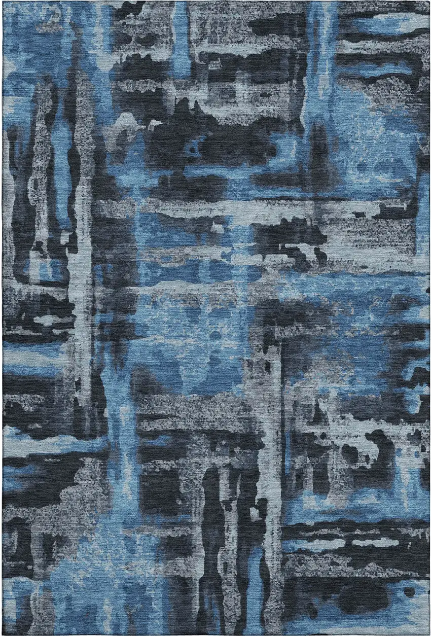 Black And Blue Abstract Washable Area Rug With UV Protection Photo 1