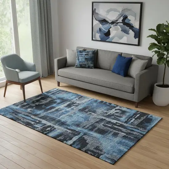 Black And Blue Abstract Washable Area Rug With UV Protection Photo 2