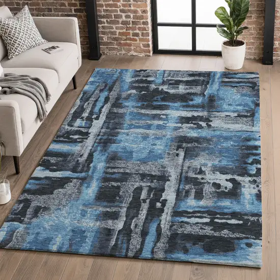 Black And Blue Abstract Washable Area Rug With UV Protection Photo 5