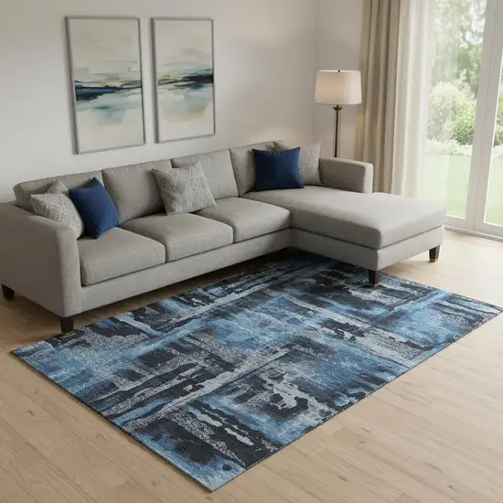 Black And Blue Abstract Washable Area Rug With UV Protection Photo 2