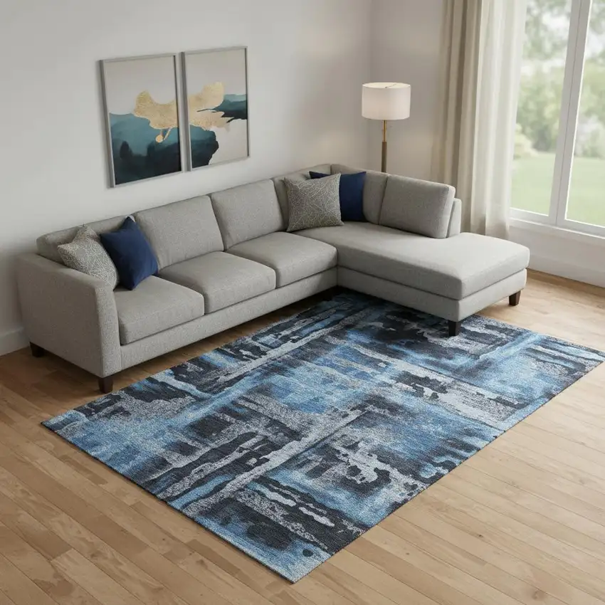 Black And Blue Abstract Washable Area Rug With UV Protection Photo 2