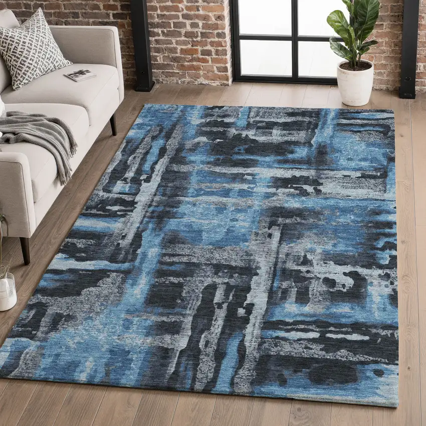 Black And Blue Abstract Washable Area Rug With UV Protection Photo 4