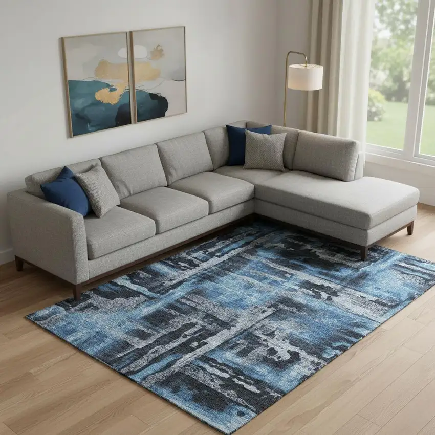 Black And Blue Abstract Washable Area Rug With UV Protection Photo 2