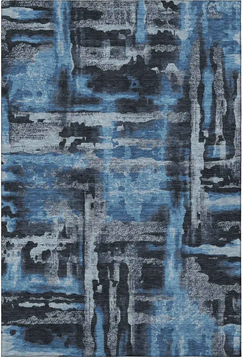 Black And Blue Abstract Washable Area Rug With UV Protection Photo 3