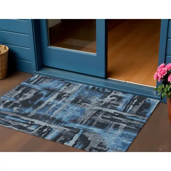 Black And Blue Abstract Washable Indoor Outdoor Area Rug Photo 2