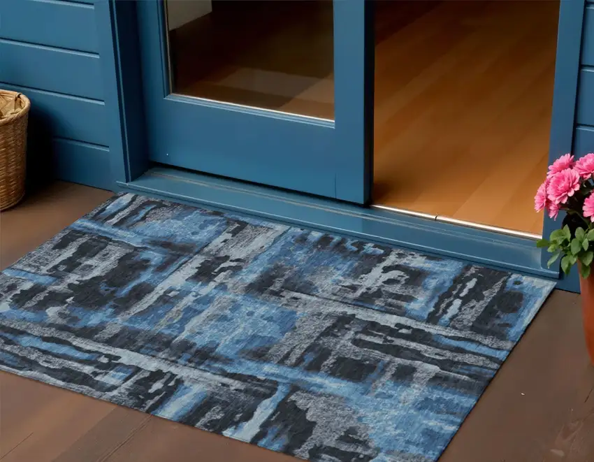 Black And Blue Abstract Washable Indoor Outdoor Area Rug Photo 2