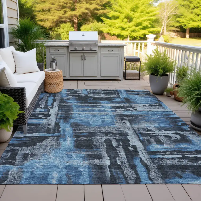 Black And Blue Abstract Washable Indoor Outdoor Area Rug Photo 8
