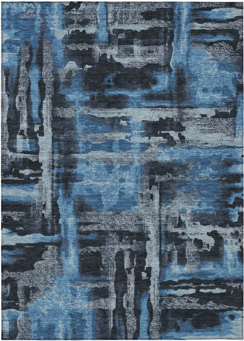 Black And Blue Abstract Washable Indoor Outdoor Area Rug Photo 8