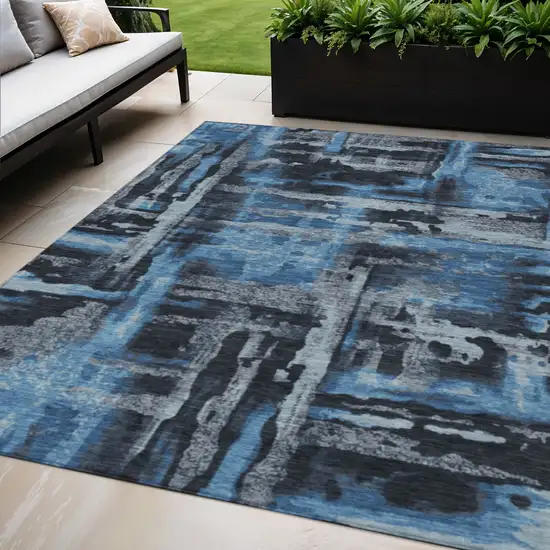 Black And Blue Abstract Washable Indoor Outdoor Area Rug Photo 2