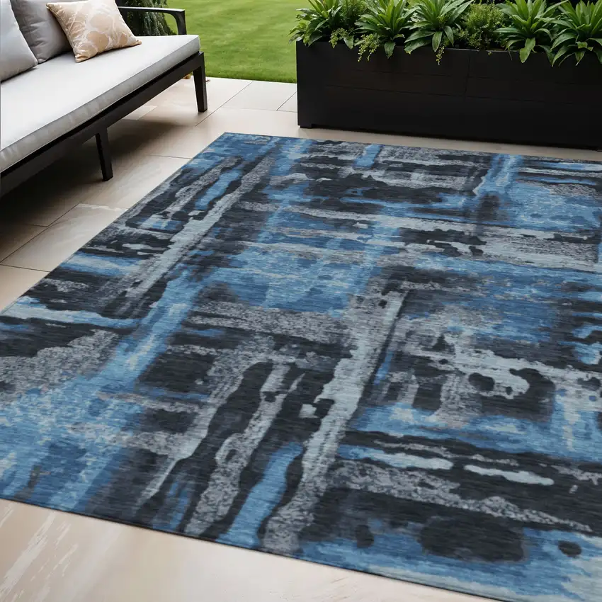 Black And Blue Abstract Washable Indoor Outdoor Area Rug Photo 2