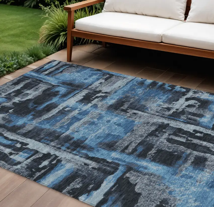Black And Blue Abstract Washable Indoor Outdoor Area Rug Photo 2