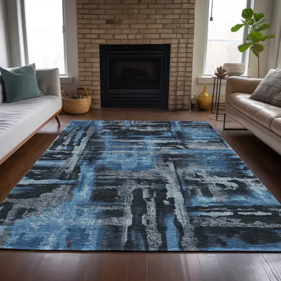 Black And Blue Abstract Washable Indoor Outdoor Area Rug Photo 7