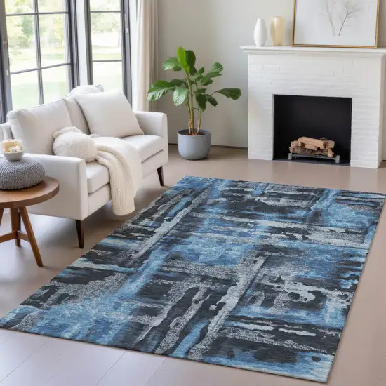 Black And Blue Abstract Washable Indoor Outdoor Area Rug Photo 6