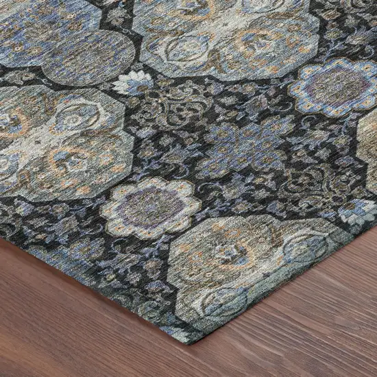 Black And Blue Floral Washable Indoor Outdoor Area Rug Photo 5