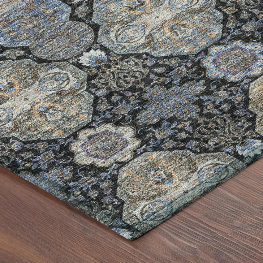 Black And Blue Floral Washable Indoor Outdoor Area Rug Photo 5