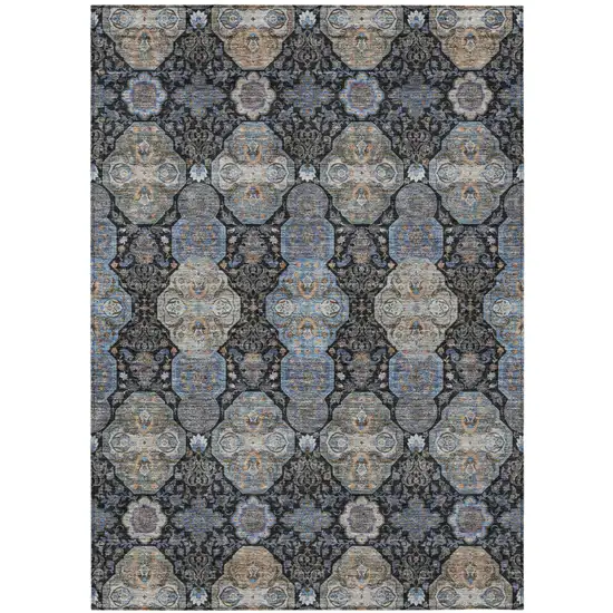 Black And Blue Floral Washable Indoor Outdoor Area Rug Photo 2