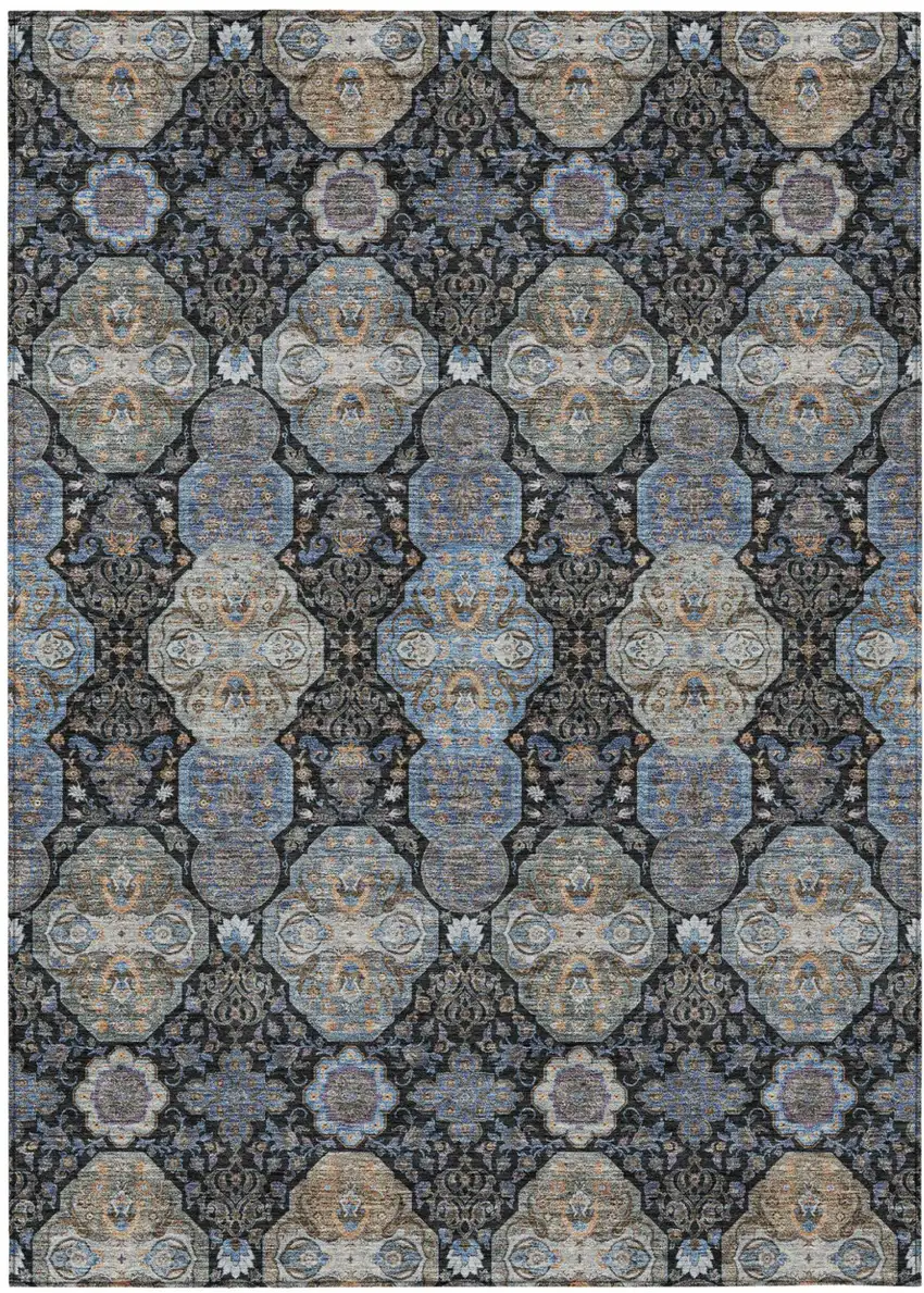 Black And Blue Floral Washable Indoor Outdoor Area Rug Photo 2
