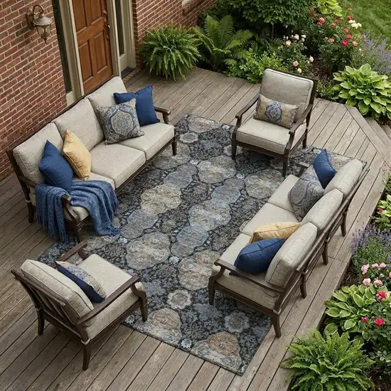Black And Blue Floral Washable Indoor Outdoor Area Rug Photo 1