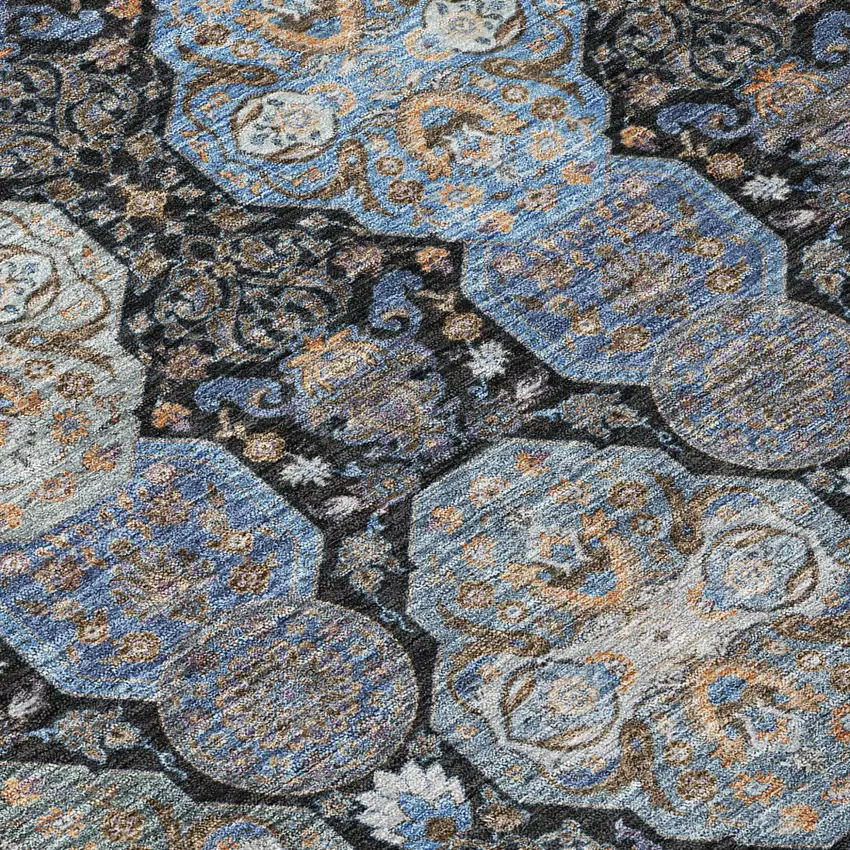 Black And Blue Floral Washable Indoor Outdoor Area Rug Photo 6