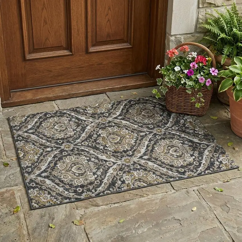 Black And Blue Floral Washable Indoor Outdoor Area Rug Photo 1