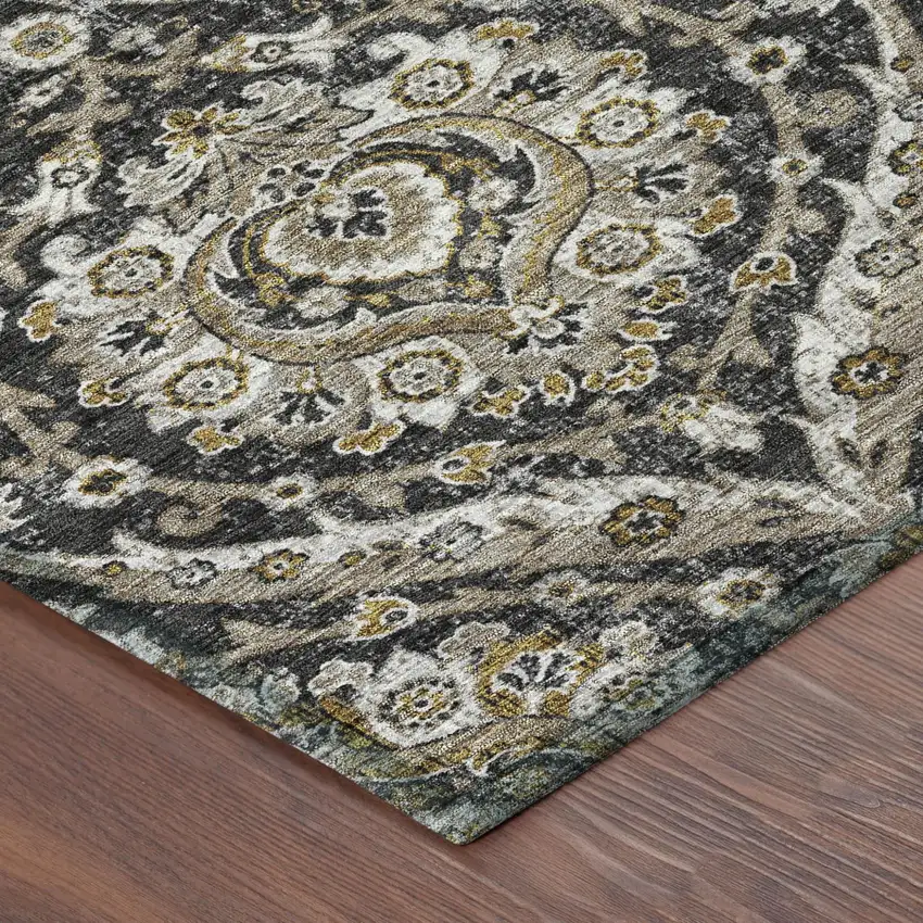 Black And Blue Floral Washable Indoor Outdoor Area Rug Photo 5