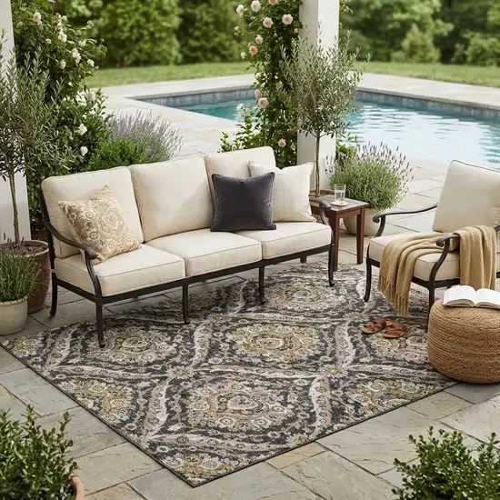 Black And Blue Floral Washable Indoor Outdoor Area Rug Photo 1