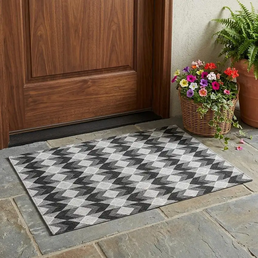 Black And Brown Geometric Washable Indoor Outdoor Area Rug Photo 1