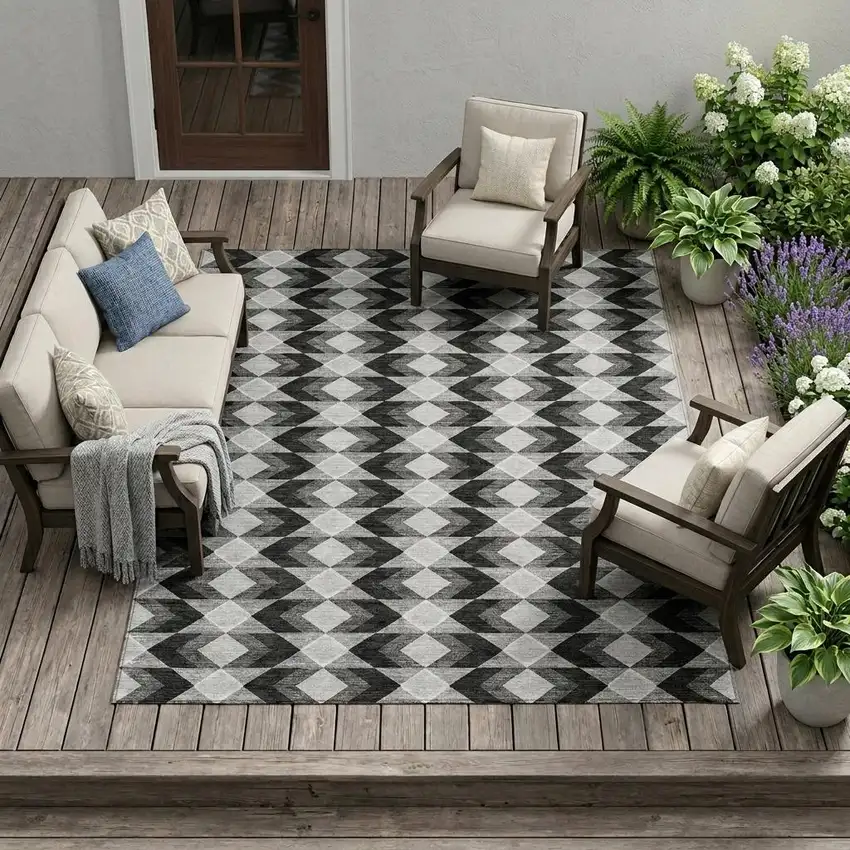 Black And Brown Geometric Washable Indoor Outdoor Area Rug Photo 1