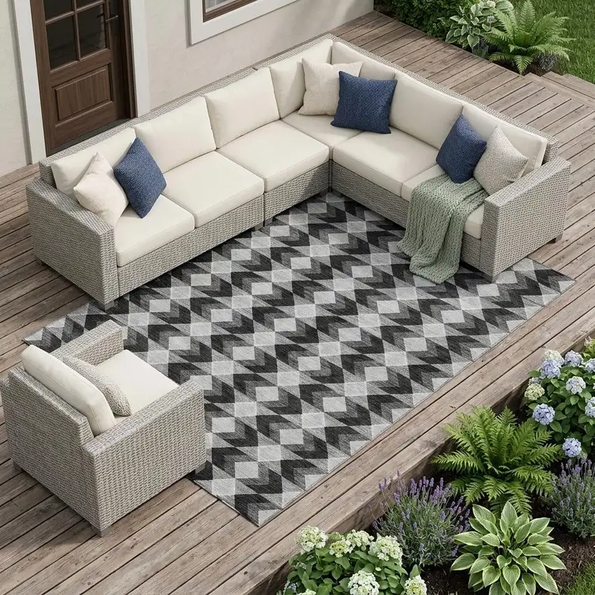 Black And Brown Geometric Washable Indoor Outdoor Area Rug Photo 1