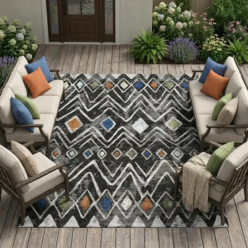 Black And Brown Geometric Washable Indoor Outdoor Area Rug Photo 1